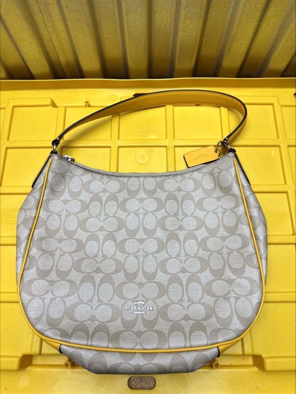 Coach Signature Hobo Shoulder Bag Yellow Trim Canvas Used
